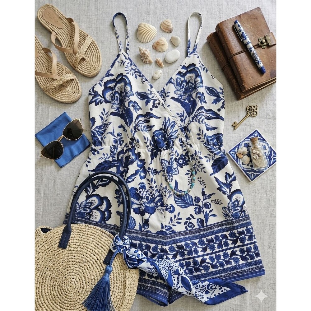 Emery Rose Women’s 1XL Blue White Floral Romper Adjustable Straps Elastic Waist